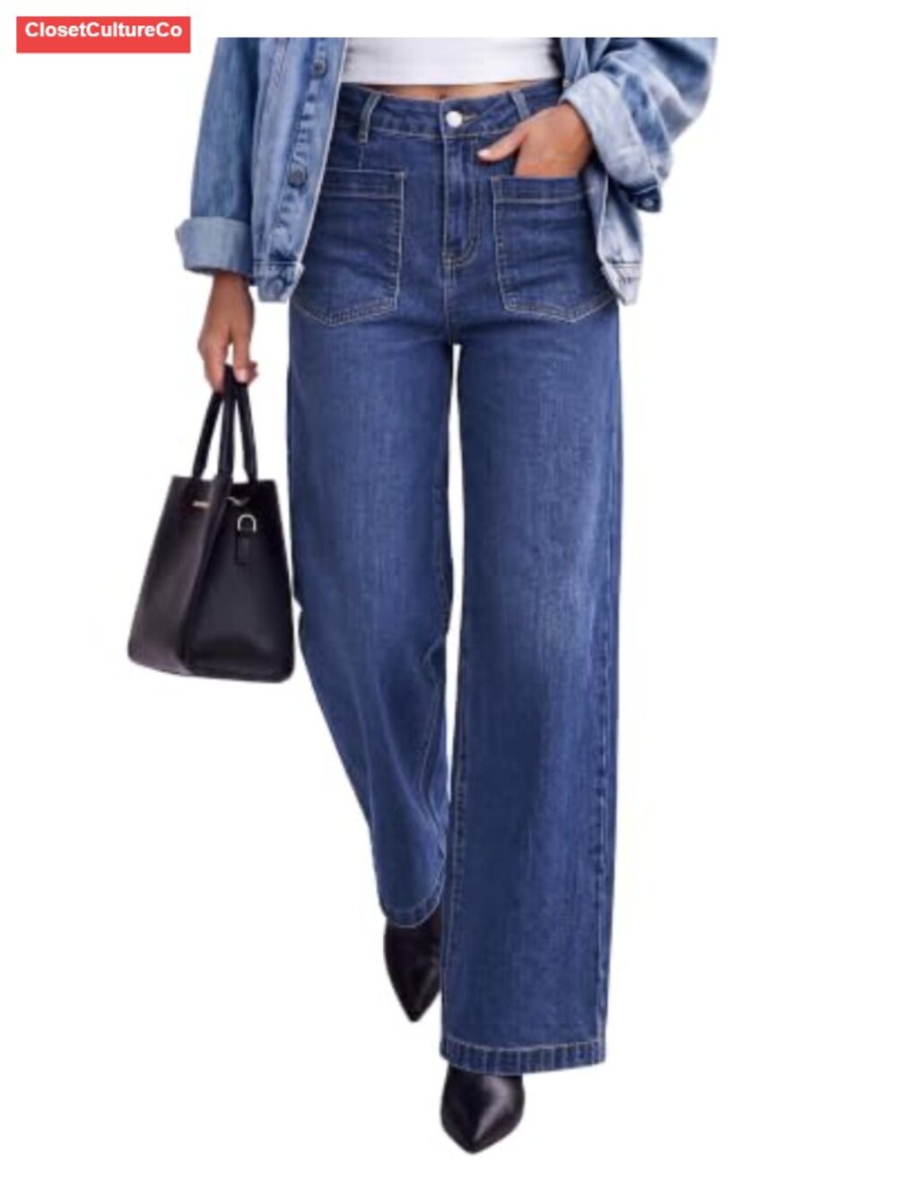 Wide Leg High Waisted Stretch Denim Jeans Patch Pocket